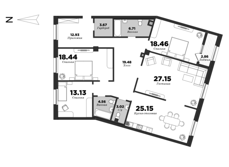NEVA HAUS, Корпус 1, 4 спальни, 154.11 м² | планировка элитных квартир Санкт-Петербурга | М16